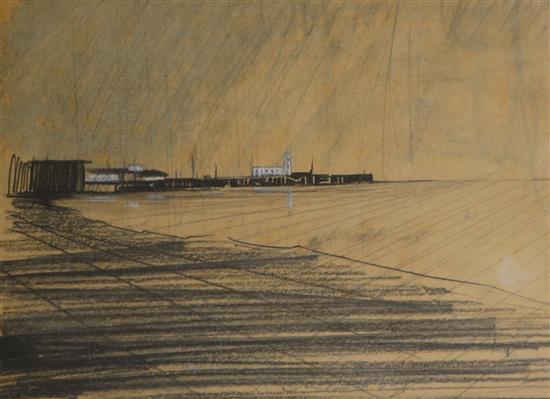 Emerson Mayes, charcoal, graphite and chalk, Towards the lighthouse, Art Supermarket 1998 label verso, 20 x 27cm